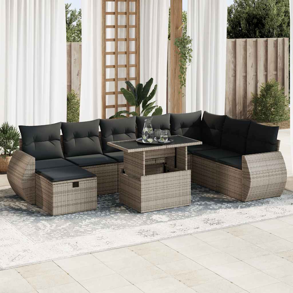 9-tlg. Garten-Sofagarnitur mit Kissen Schwarz Poly Rattan