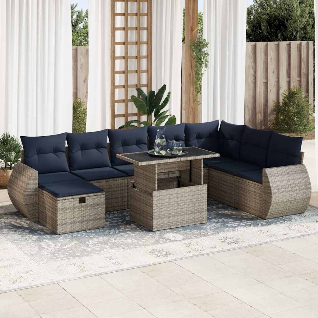 9-teiliges Gartensofa-Set mit Kissen, schwarzes Polyrattan