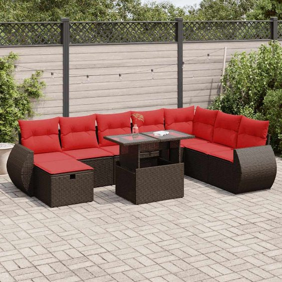 9-teiliges Gartensofa-Set mit Kissen, schwarzes Polyrattan
