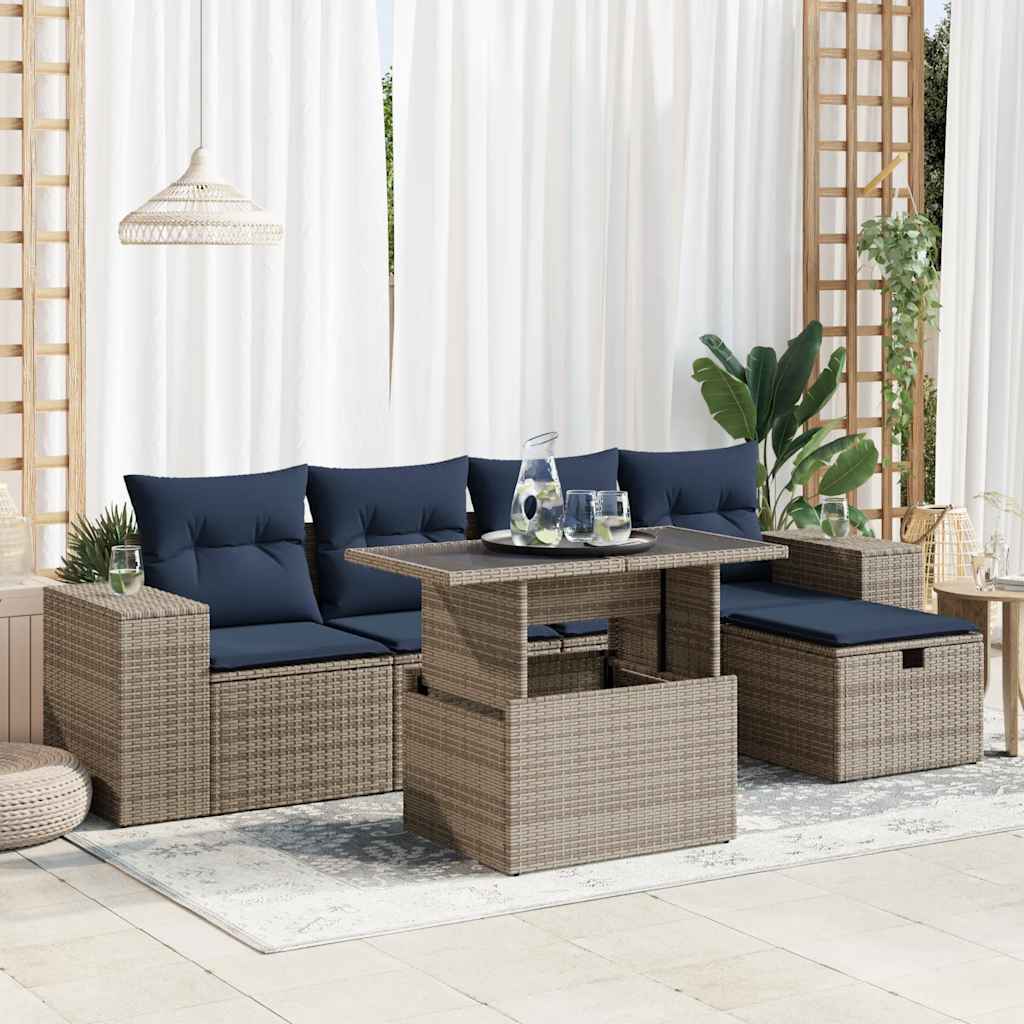 6-teiliges Gartensofa-Set mit Kissen, schwarzes Polyrattan