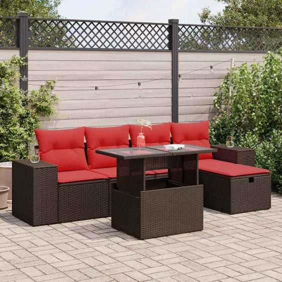 6-teiliges Gartensofa-Set mit Kissen, schwarzes Polyrattan