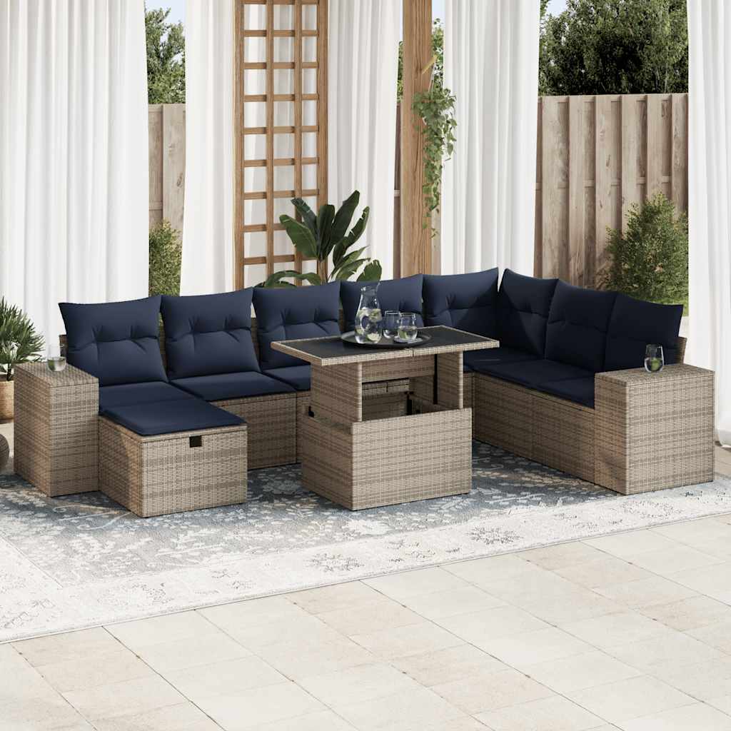 9-teiliges Gartensofa-Set mit Kissen, schwarzes Polyrattan