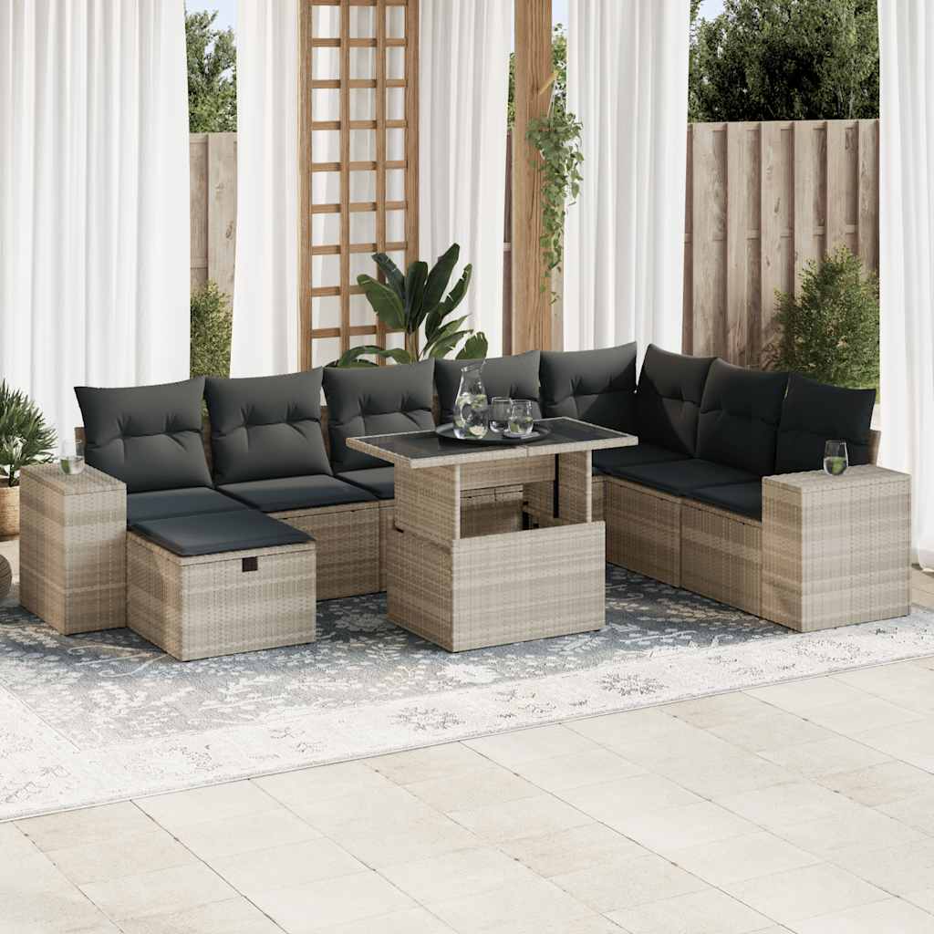 9-tlg. Garten-Sofagarnitur mit Kissen Schwarz Poly Rattan