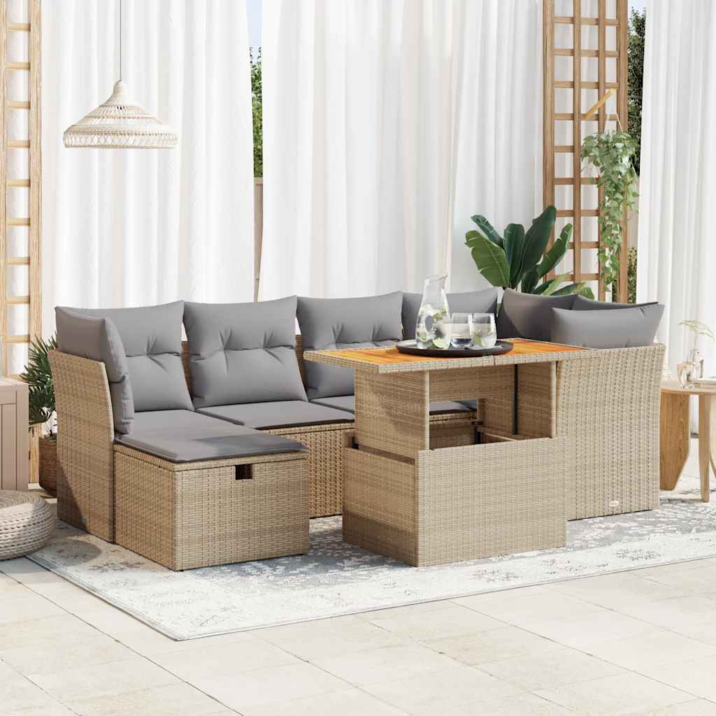 7-tlg. Garten-Sofagarnitur mit Kissen Schwarz Poly Rattan