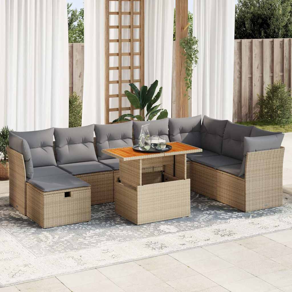 9-tlg. Garten-Sofagarnitur mit Kissen Schwarz Poly Rattan