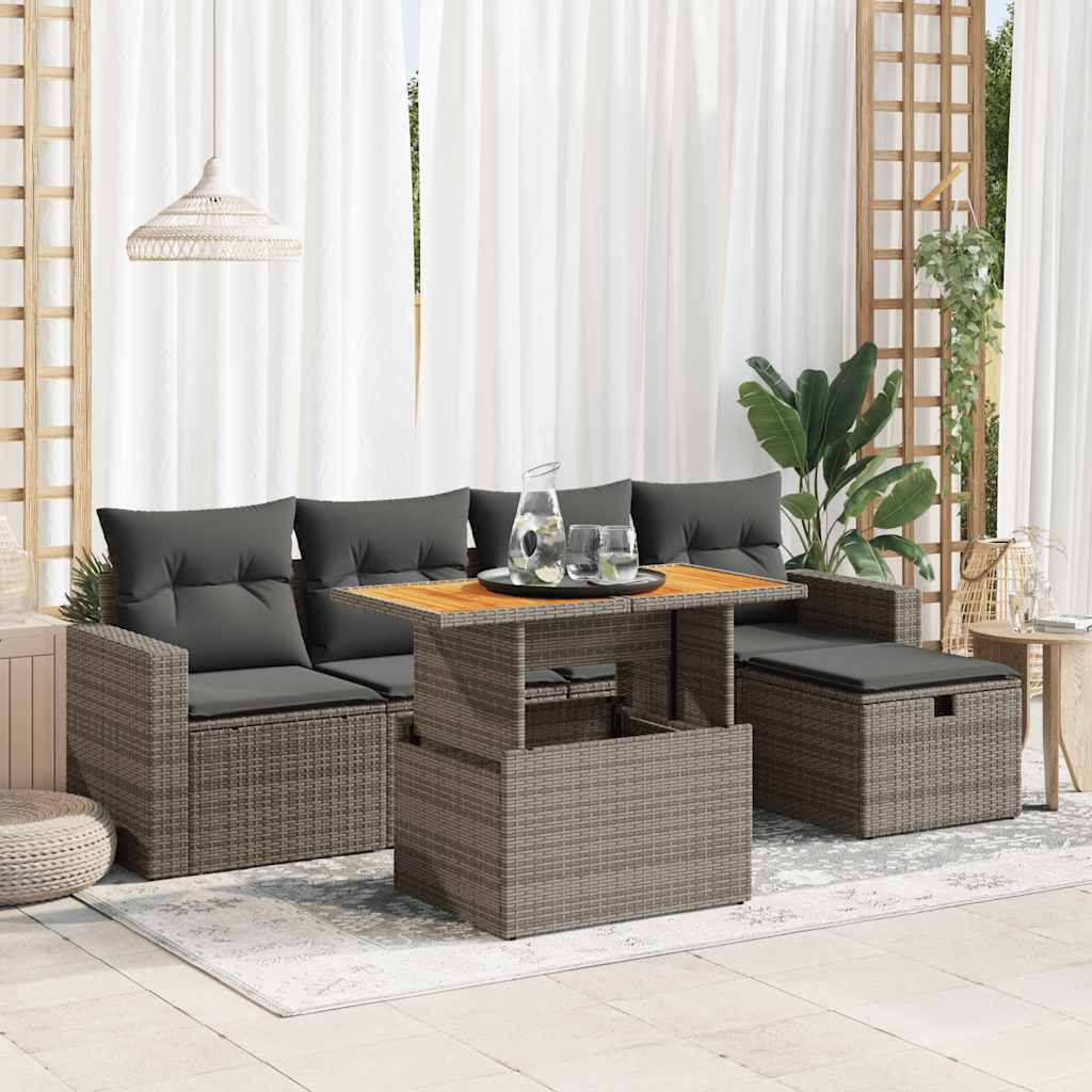 6-tlg. Garten-Sofagarnitur mit Kissen Schwarz Poly Rattan