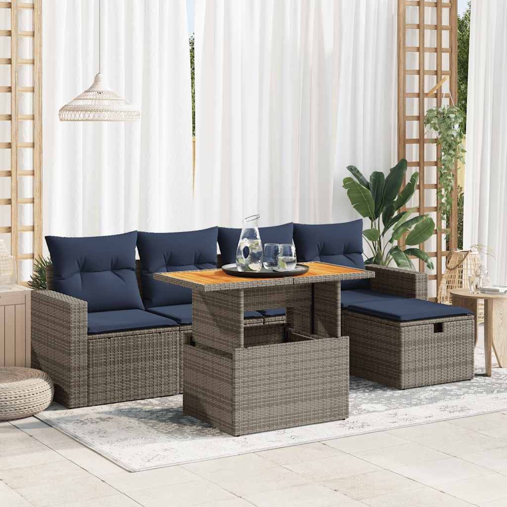 6-tlg. Garten-Sofagarnitur mit Kissen Schwarz Poly Rattan