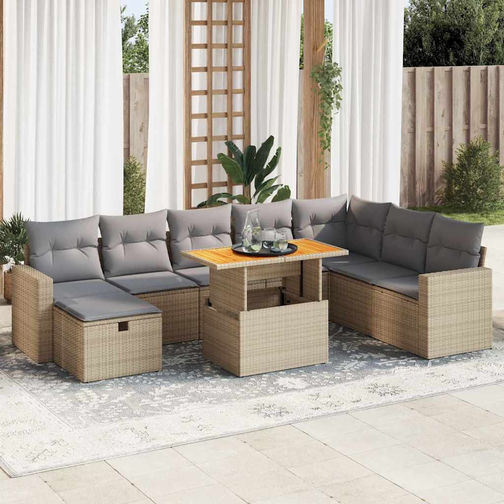 9-tlg. Garten-Sofagarnitur mit Kissen Schwarz Poly Rattan
