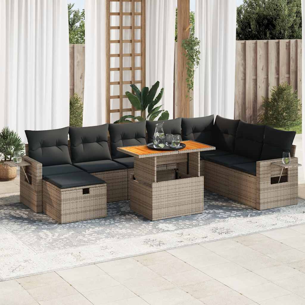 9-tlg. Garten-Sofagarnitur mit Kissen Schwarz Poly Rattan