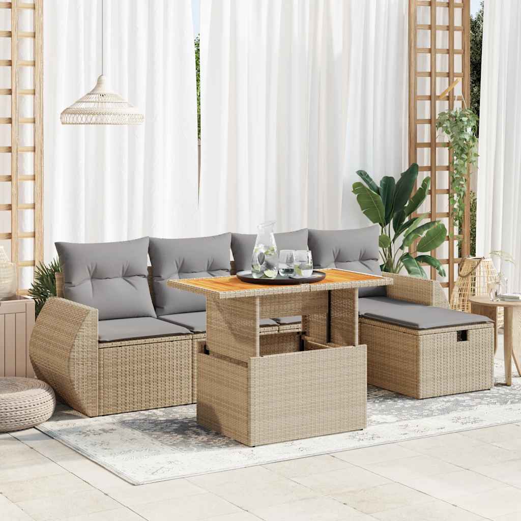 6-tlg. Garten-Sofagarnitur mit Kissen Schwarz Poly Rattan