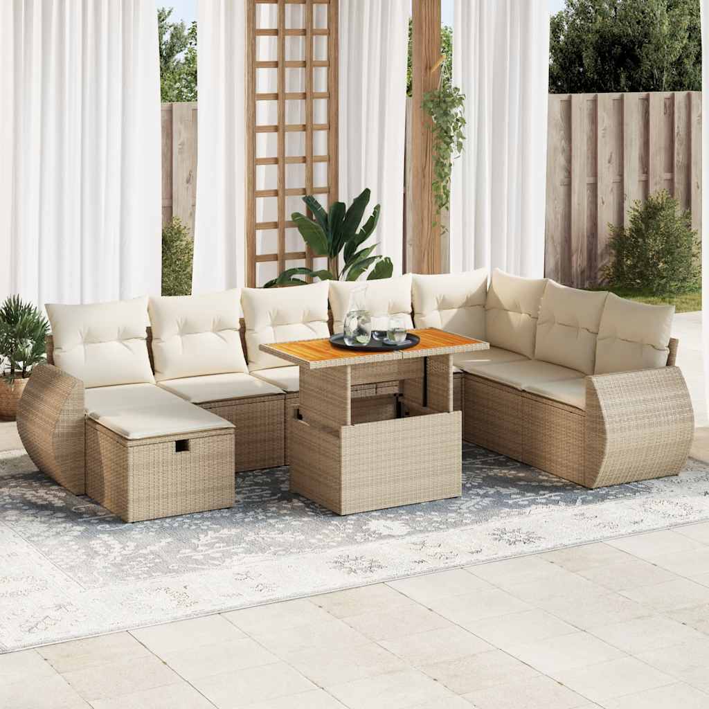 9-tlg. Garten-Sofagarnitur mit Kissen Schwarz Poly Rattan