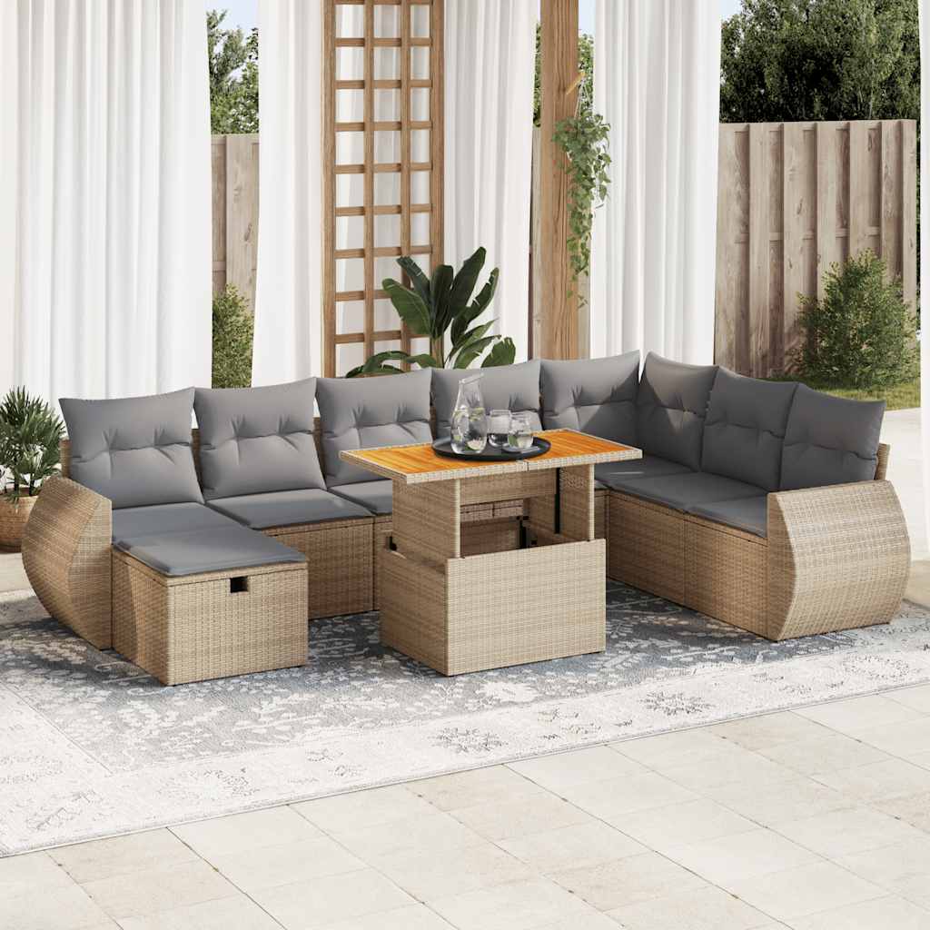 9-tlg. Garten-Sofagarnitur mit Kissen Schwarz Poly Rattan