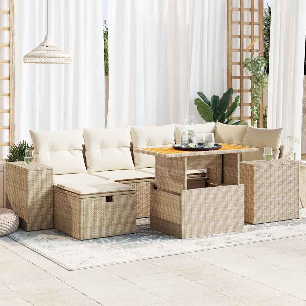 7-tlg. Garten-Sofagarnitur mit Kissen Schwarz Poly Rattan