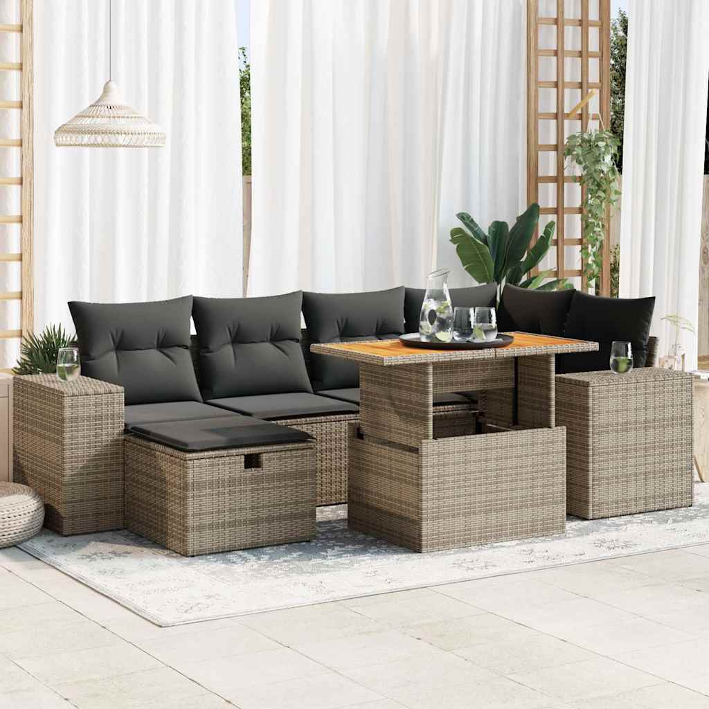 7-tlg. Garten-Sofagarnitur mit Kissen Schwarz Poly Rattan