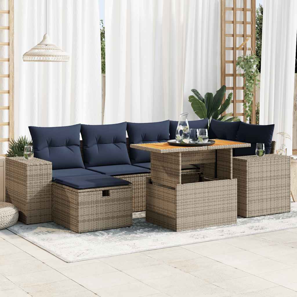 7-tlg. Garten-Sofagarnitur mit Kissen Schwarz Poly Rattan