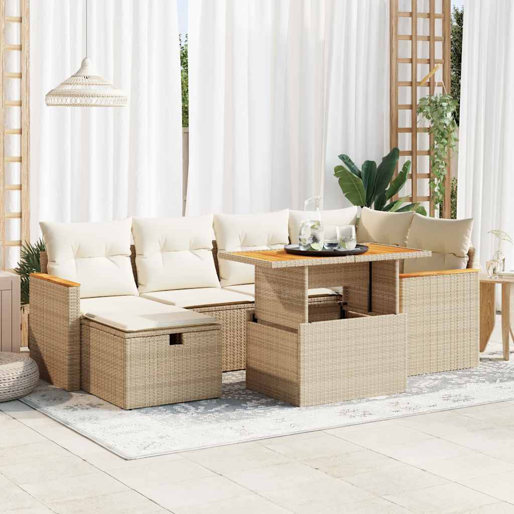 7-tlg. Garten-Sofagarnitur mit Kissen Schwarz Poly Rattan