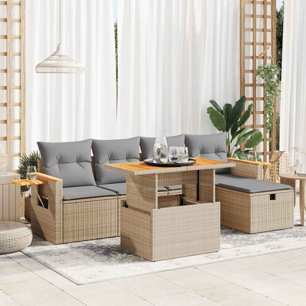 6-tlg. Garten-Sofagarnitur mit Kissen Schwarz Poly Rattan