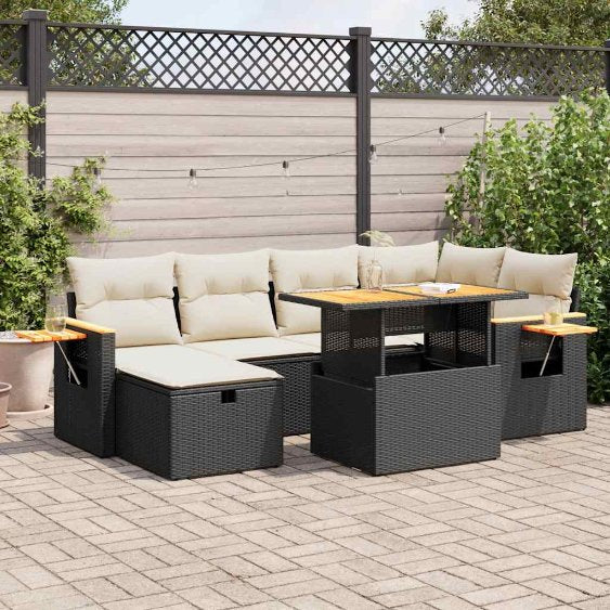7-tlg. Garten-Sofagarnitur mit Kissen Schwarz Poly Rattan
