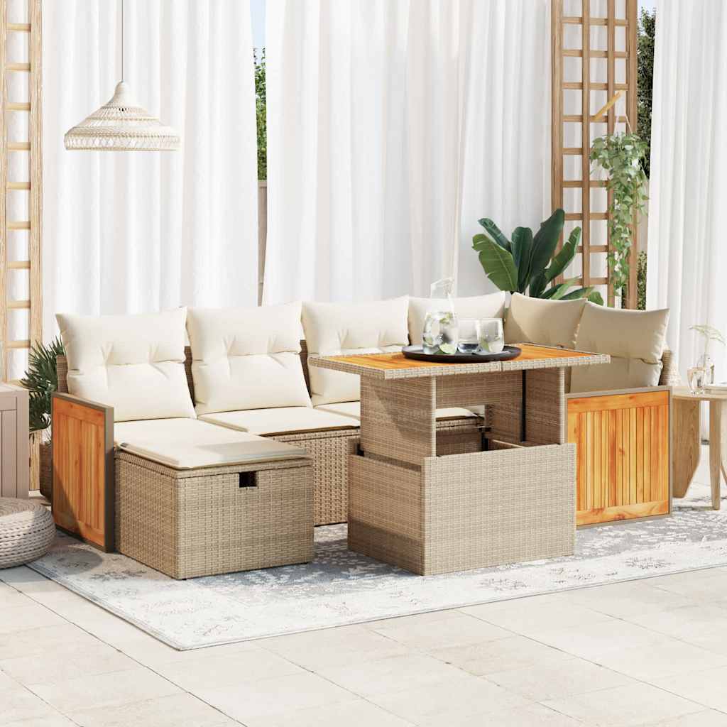 7-tlg. Garten-Sofagarnitur mit Kissen Schwarz Poly Rattan