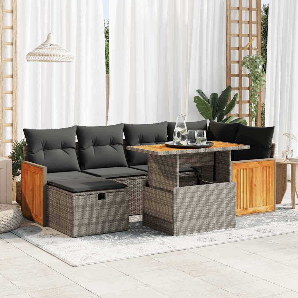 7-tlg. Garten-Sofagarnitur mit Kissen Schwarz Poly Rattan