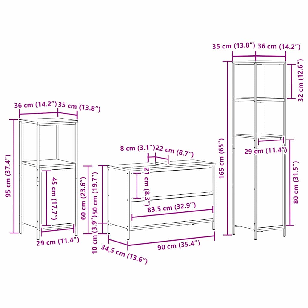 vidaXL Badezimmermöbel-Set 3 pcs Schwarz Eichen-Optik Holzwerkstoff