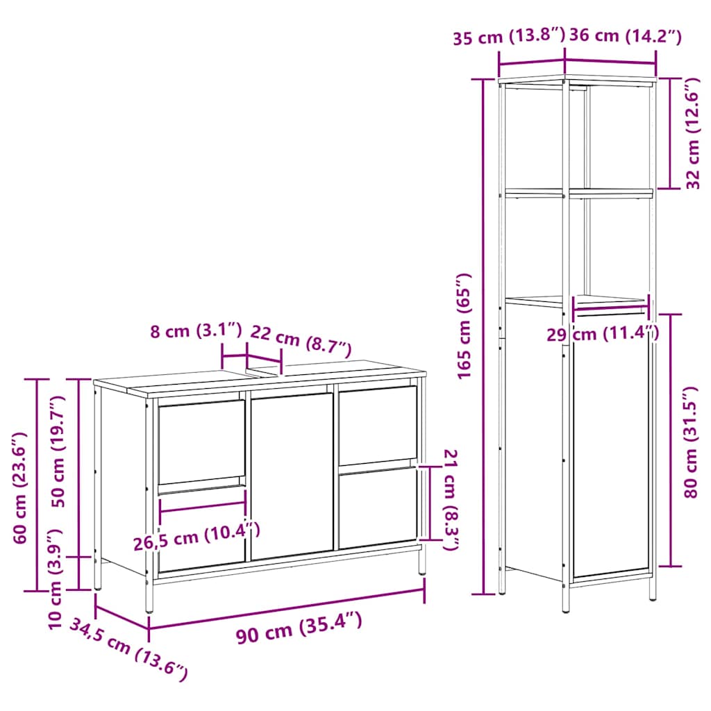vidaXL Badezimmermöbel Set mit Schubladen 2 pcs Schwarz Eichen-Optik