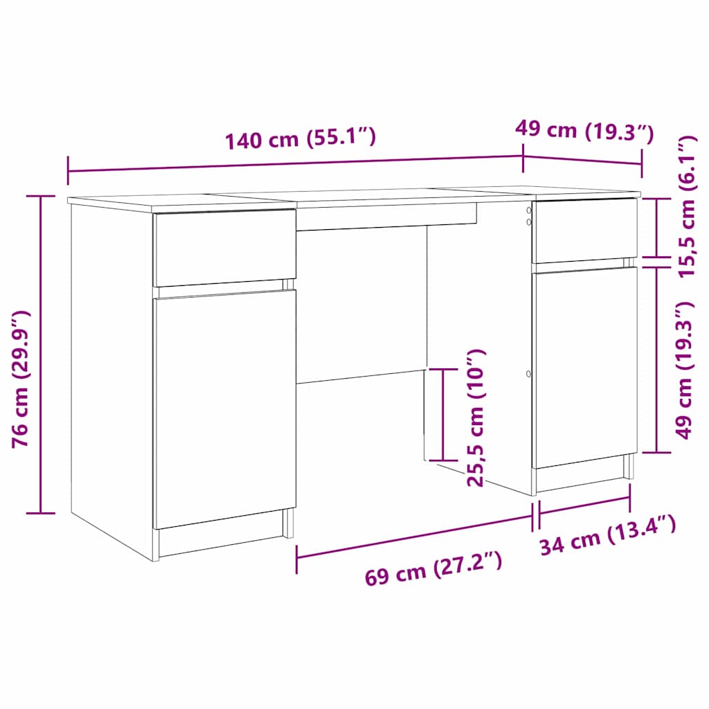 vidaXL Schreibtisch mit Schubladen Weiß 140 x 49 x 76 cm Holzwerkstoff