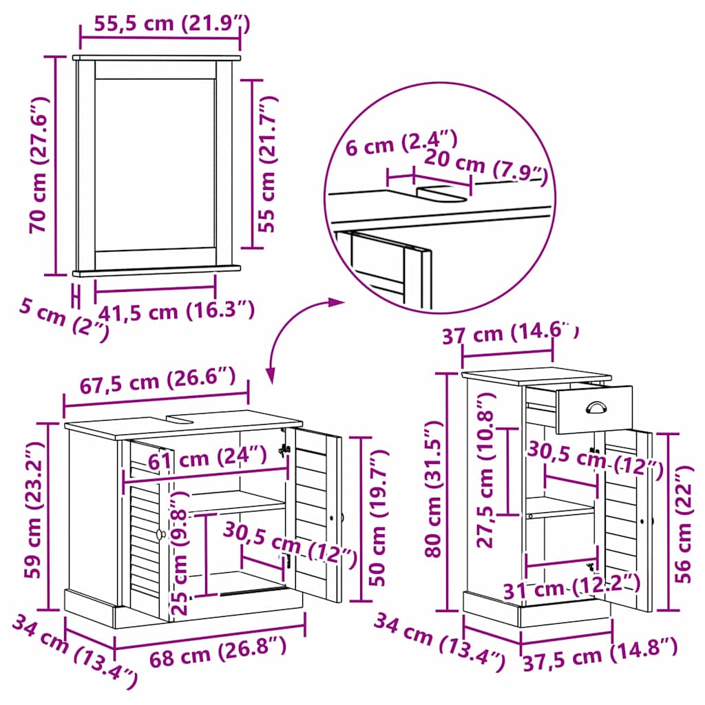 vidaXL Badezimmermöbel-Set VIGO 3 pcs Honigbraun Massives Kiefernholz