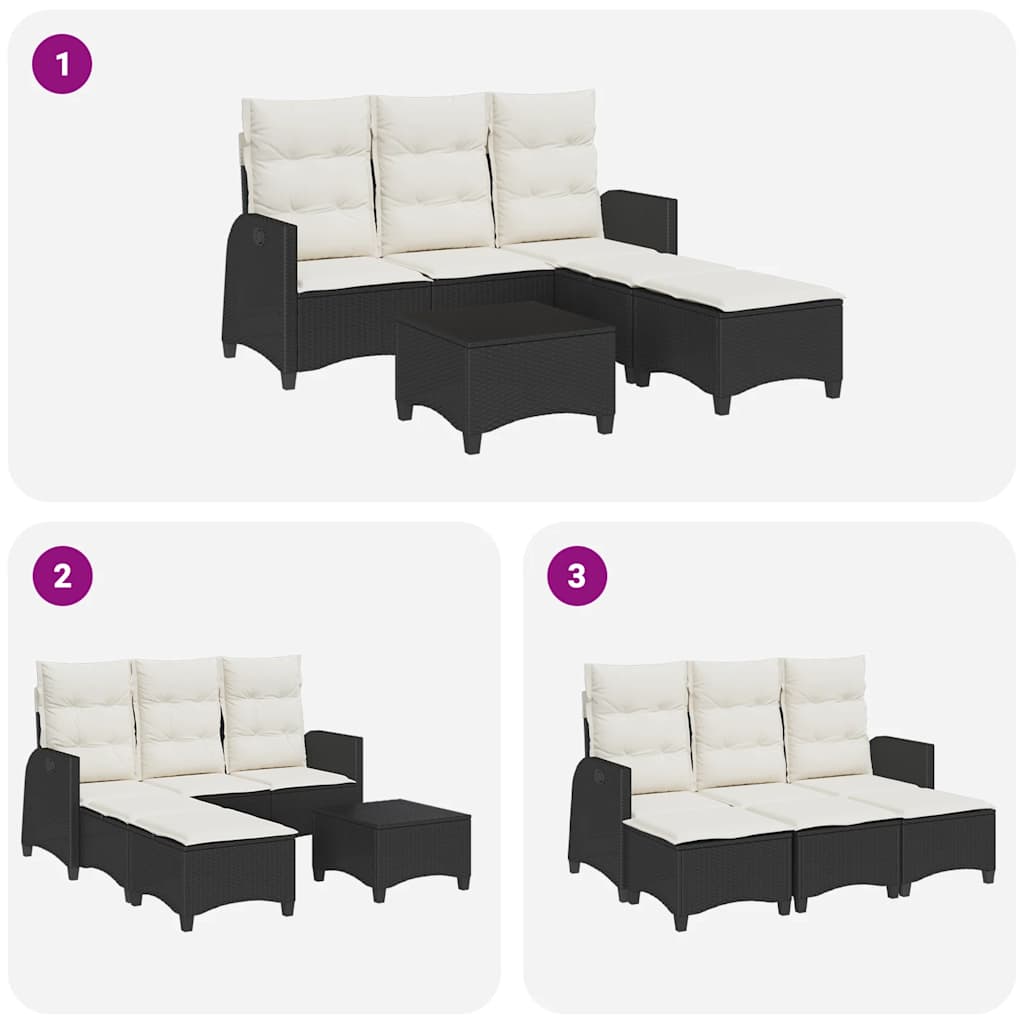 3tlg. Garten-Sofagarnitur mit Kissen L-Form Schwarz Poly Rattan