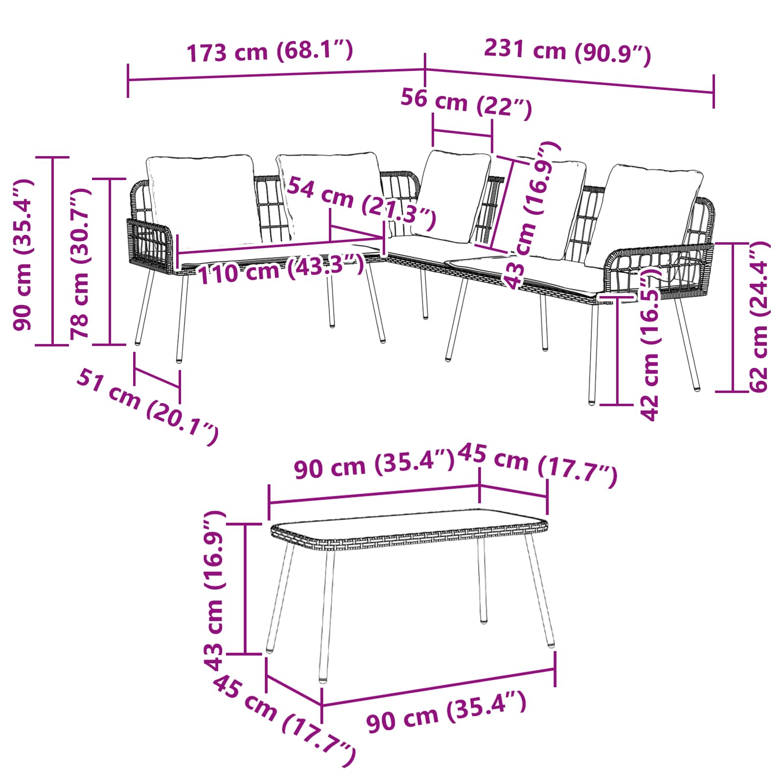 Gartensofa-set mit Kissen 2 pcs Schwarz Poly-Rattan