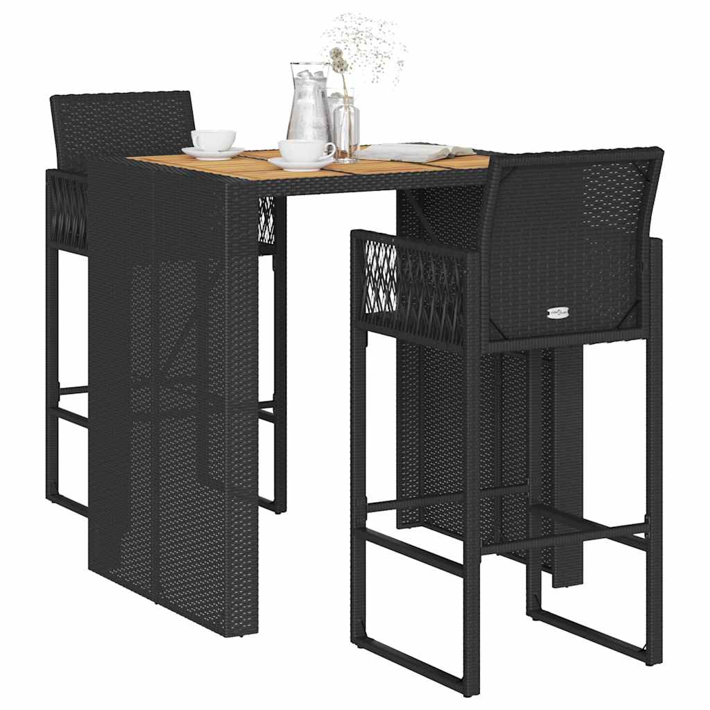 3-tlg. Gartenbar-Set ohne Kissen Schwarz Poly Rattan Akazie