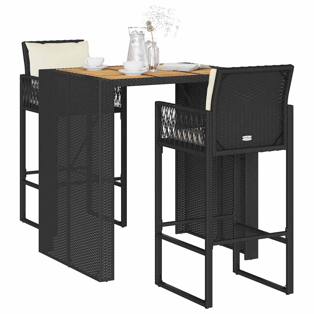 3-tlg. Gartenbar-Set mit Kissen Schwarz Poly Rattan Akazie