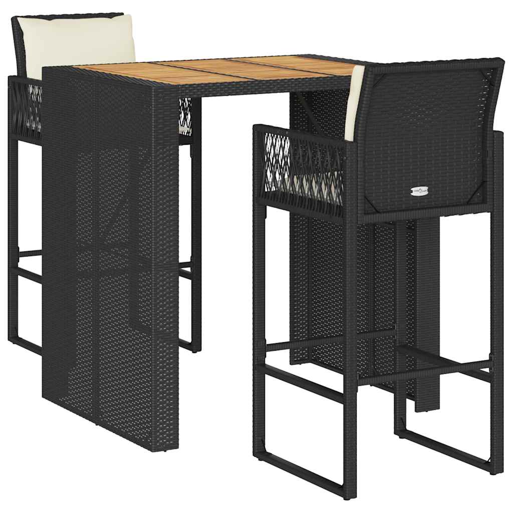 3-tlg. Gartenbar-Set mit Kissen Schwarz Poly Rattan Akazie