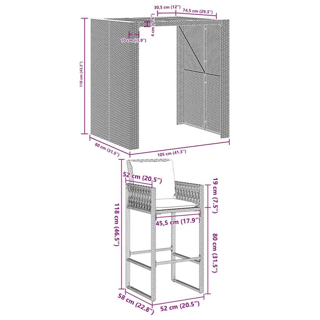 3-tlg. Gartenbar-Set mit Kissen Schwarz Poly Rattan Akazie