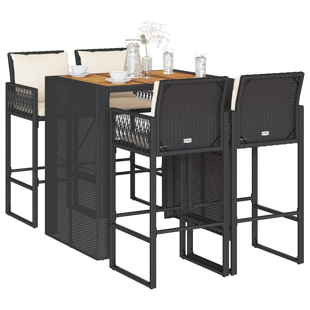 3-tlg. Gartenbar-Set mit Kissen Schwarz Poly Rattan Akazie