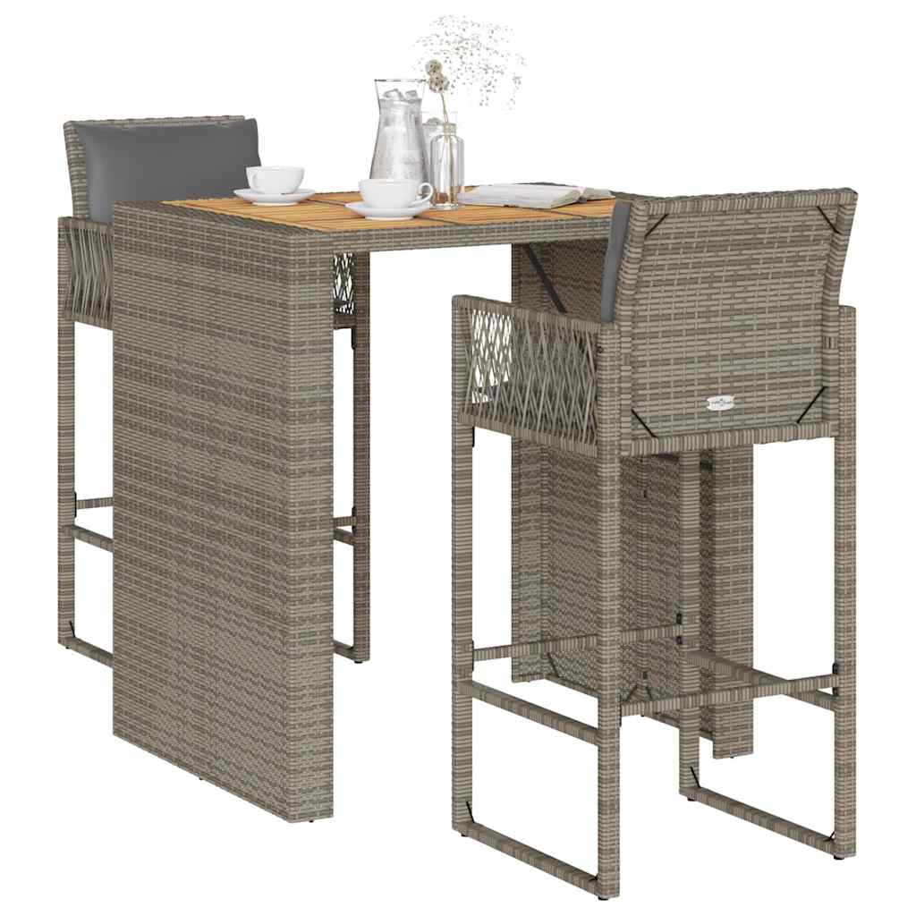 3-tlg. Gartenbar-Set mit Kissen Schwarz Poly Rattan Akazie