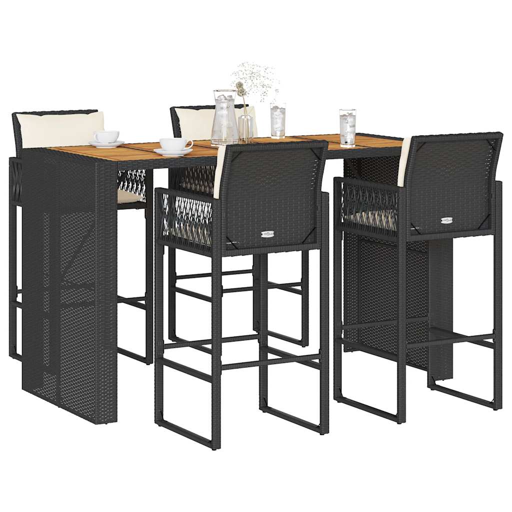 3-tlg. Gartenbar-Set mit Kissen Schwarz Poly Rattan Akazie