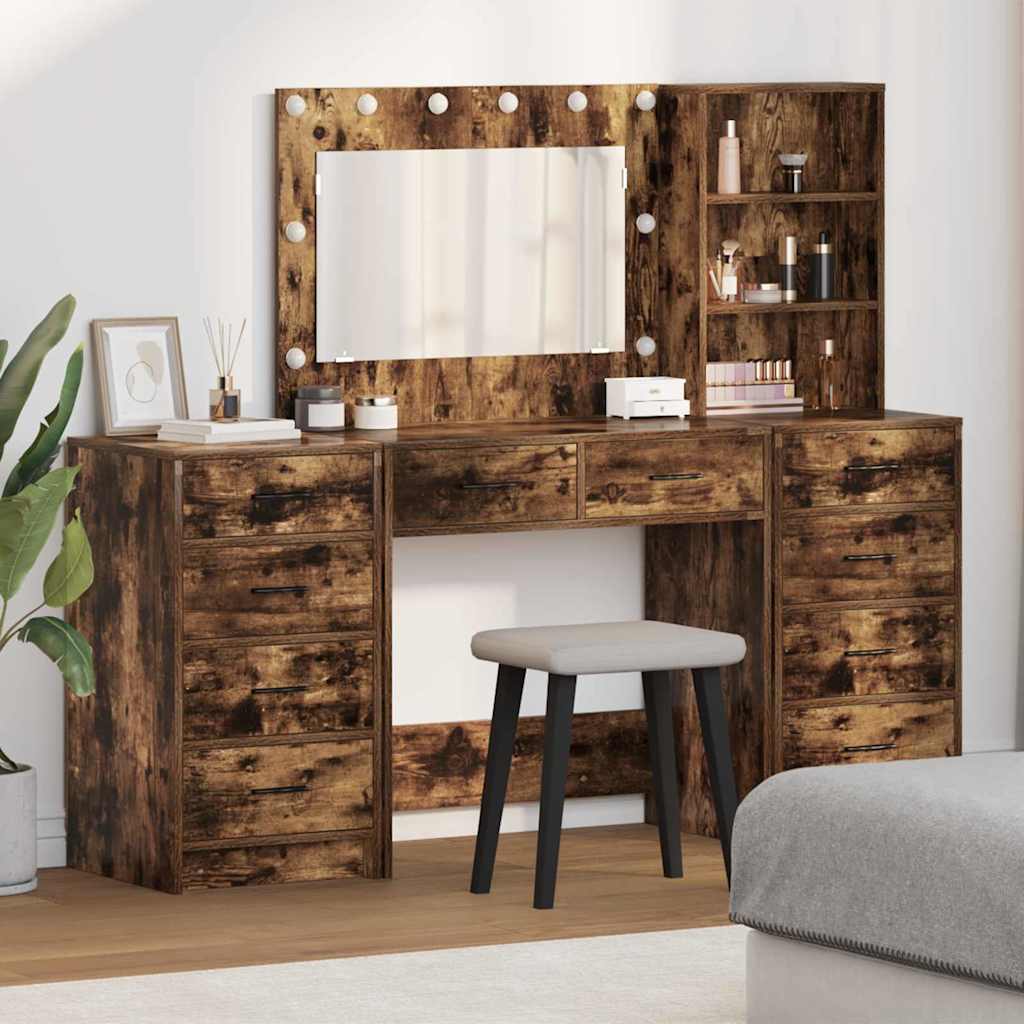 vidaXL Schminktisch mit Spiegelbeleuchtung 3 pcs Weiß Holzwerkstoff