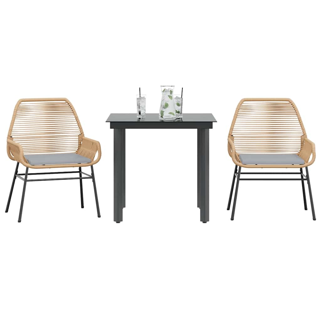 3-tlg. Garten-Essgruppe mit Kissen Schwarz Poly Rattan Glas