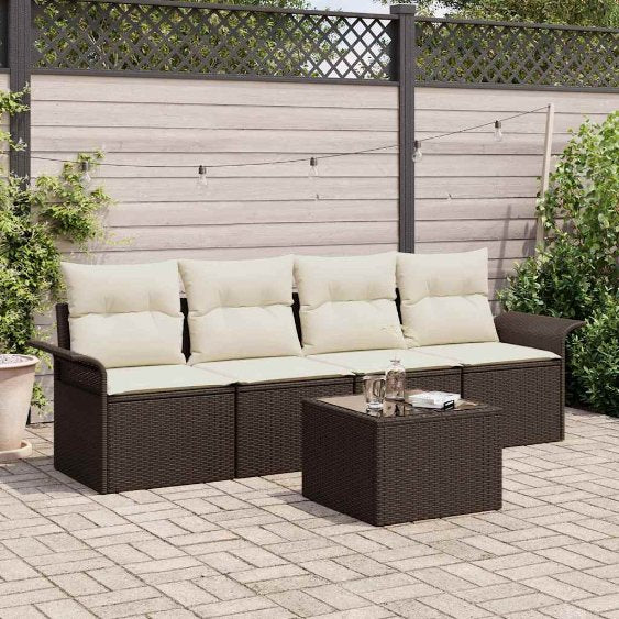 Sofa Set mit Kissen 5 pcs Schwarz Poly-Rattan