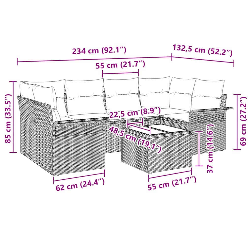 Gartensofa-set mit Kissen 7 pcs Schwarz Poly-Rattan
