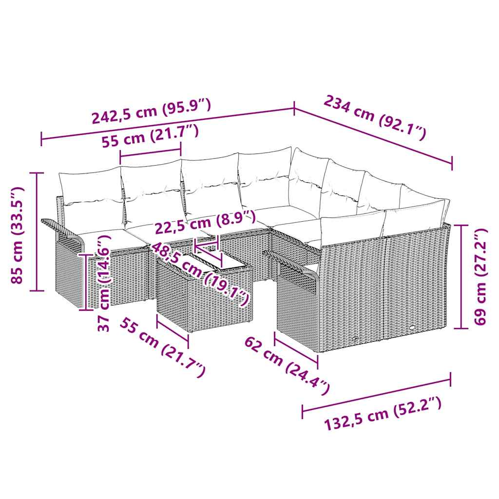 Gartensofa-set mit Kissen 9 pcs Schwarz Poly-Rattan