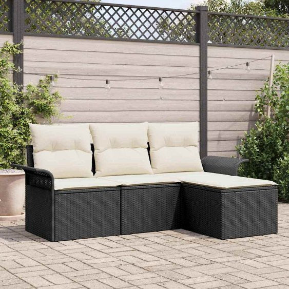Sofa Set mit Kissen 4 pcs Schwarz und Creme Poly-Rattan