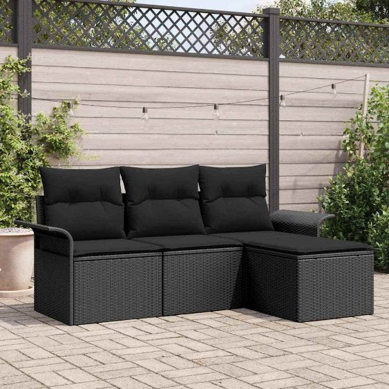 Sofa Set mit Kissen 4 pcs Schwarz und Creme Poly-Rattan