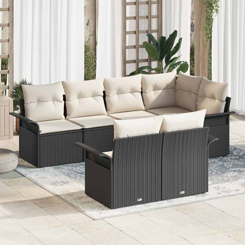 Gartensofa-set mit Kissen 7 pcs Schwarz Poly-Rattan
