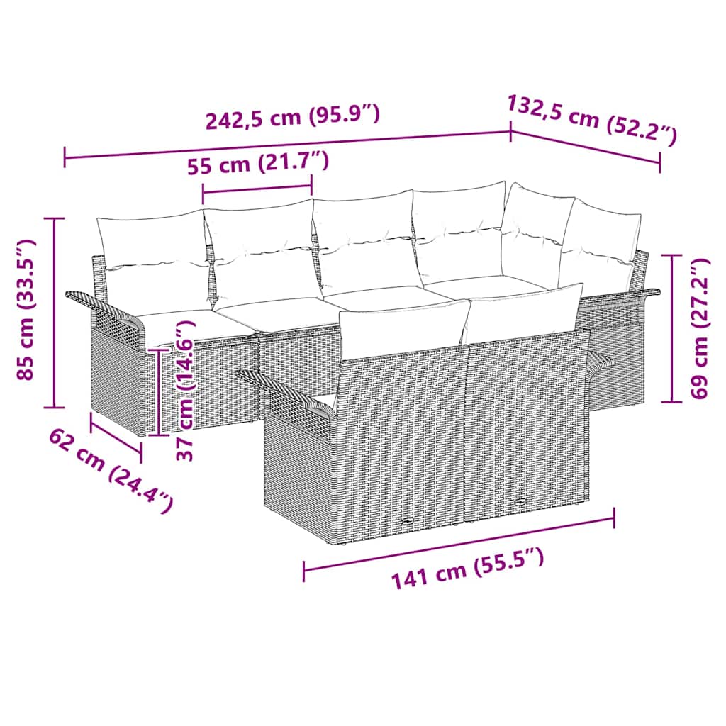 Gartensofa-set mit Kissen 7 pcs Schwarz Poly-Rattan