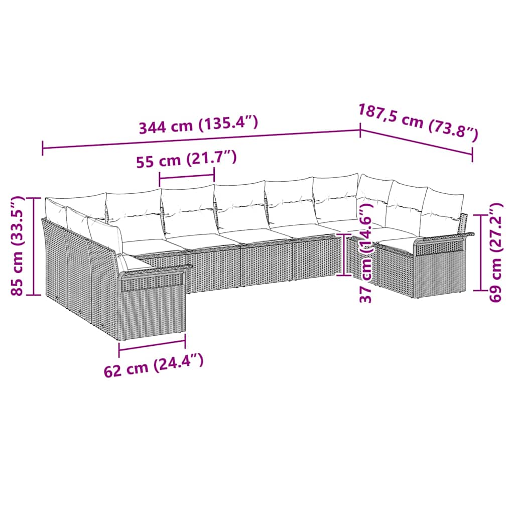 Gartensofa-set mit Kissen 10 pcs Schwarz Poly-Rattan