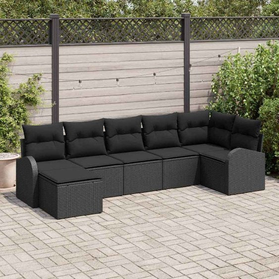 Garten-Sofa-Set mit Kissen 7 pcs Schwarz Poly Rattan