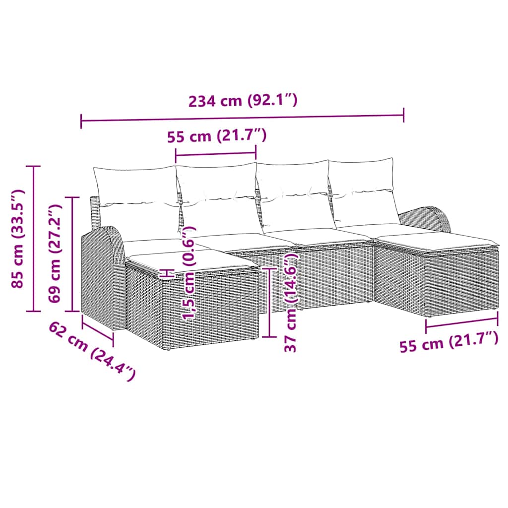 Gartensofa-set mit Kissen 6 pcs Schwarz Poly Rattan
