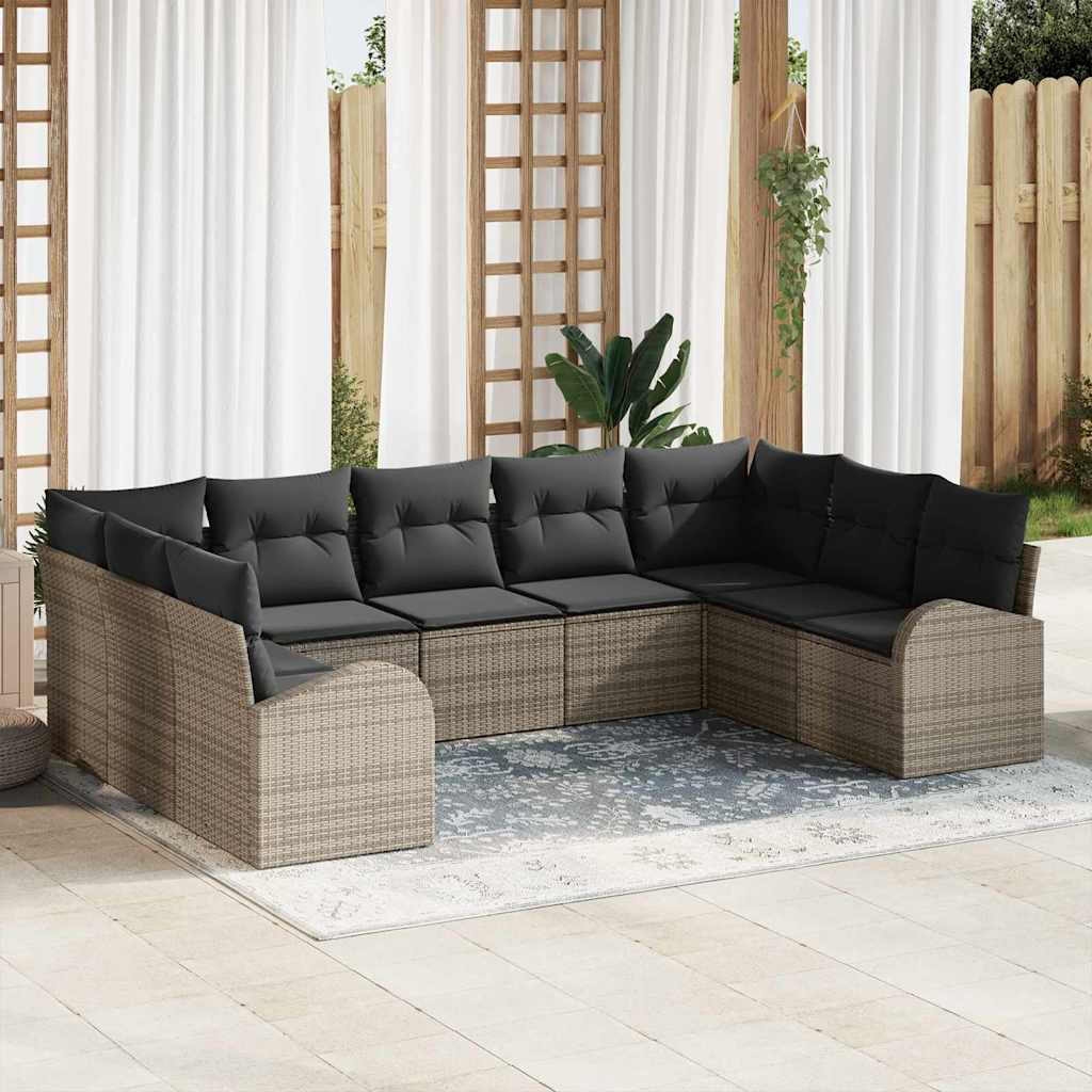 Sofa Set mit Kissen 9 pcs Schwarz Poly Rattan